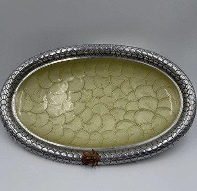 Julia Knight Queen Bee Oval Tray Saffron Yellow Enamel Mother of Pearl 11.5''
