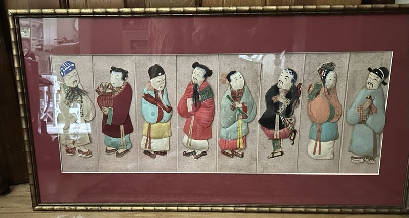 Chinese Eight Immortals Silk Handmade Textile Stumpwork Bamboo Frame