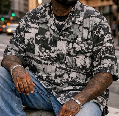 Rocawear XXL Button Up Shirt Black White Collage Print Y2K Hip Hop Streetwear