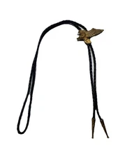 VINTAGE GOLD TONE EAGLE BOLO TIE BLACK Woven LEATHER PRELOVED 19.5” Long