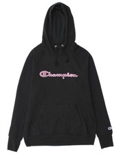 CHAMPION Womens Graphic Hoodie Jumper UK 14 Medium Black Polyester BO09