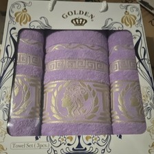 GOLDEN 3-Piece Embroidered Cotton Bath Towel Set Purple Gold 28x55in Luxury