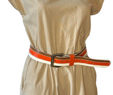 Retro Leather Brown Orange White striped Belt w/ buckle 28"-31" waist