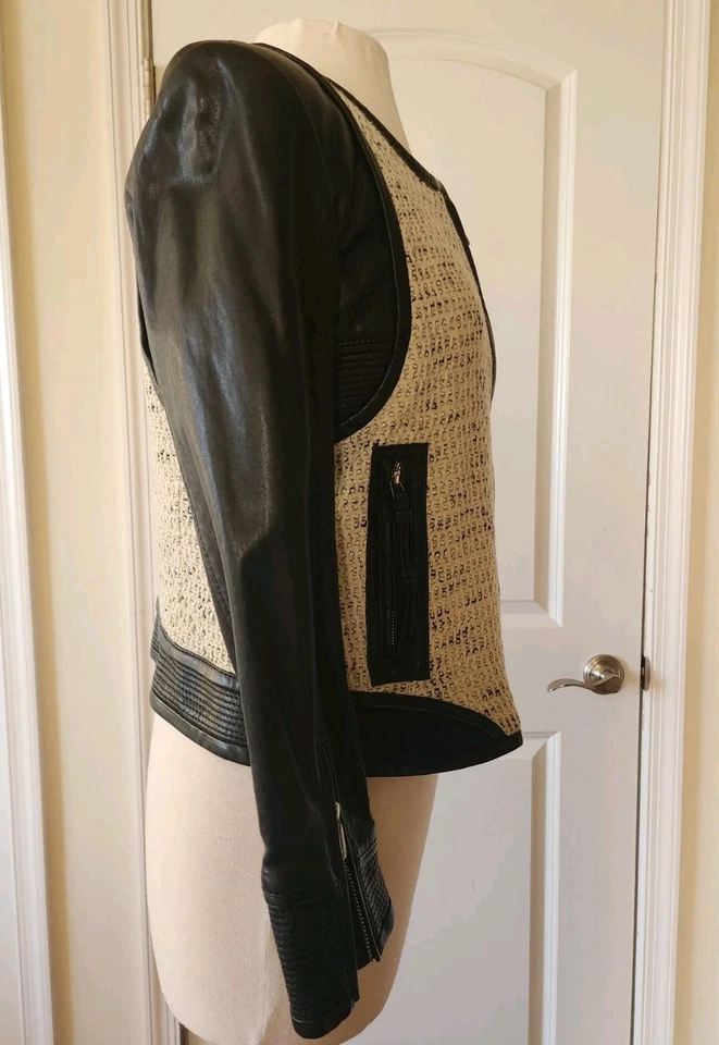 BARBARA BUI black leather ivory tweed leather jacket - Image 4 of 4