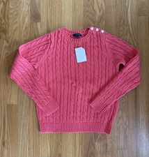 NWOT Lands End Size S Coral Cable Knit Cotton Sweater, Buttons on Shoulder (CL)
