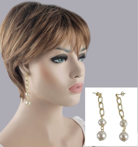 Gold Tone Chain & Faux Pearl Beaded Dangle Pierced Earrings 3" Drop