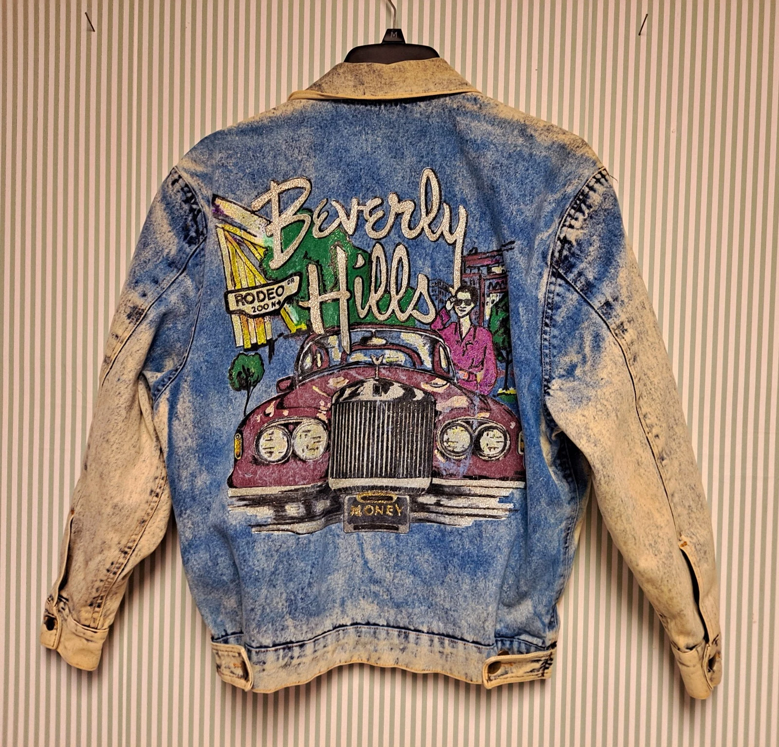 💗Ka-Pow Retro Size-Medium Hand Painted Glitter Hollywood Denim Jacket ! SALE