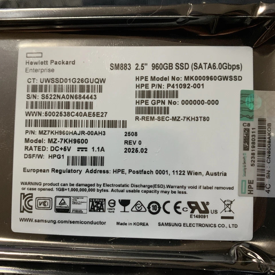 HP Enterprise SM883 2.5" 960Gb SSD SATA6.0Gbps MZ-7KH9600 MK000960GWSSD Sealed - Image 2 of 4