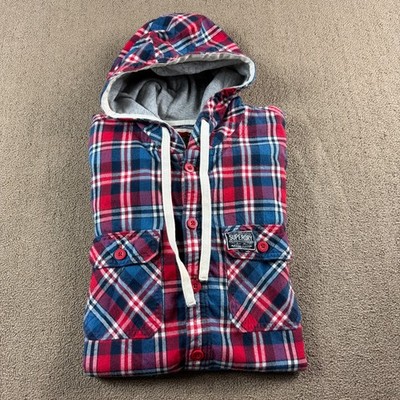 Superdry Long Sleeve Flannel Button Up Hoodie Red Blue Plaid Size Large *Read*