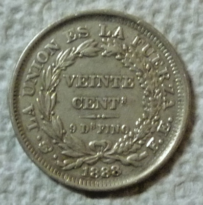 1888 PTS FE BOLIVIA - 20 CENTAVOS -  .900 SILVER - HIGH GRADE - KM# 159.2