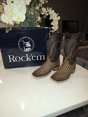 Rock'em Woven Leather Western Cowboy Boots Brown Checkered Pattern With Box