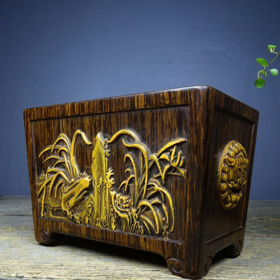 Queimador de incenso esculpido amarelo bambu incrustado clássico antigo de sândalo porcelana 7,1" - Imagem 2 de 4