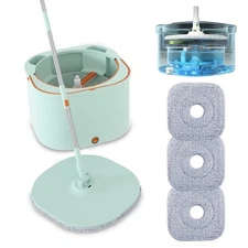 Flat Floor Mop and Bucket System Set with Wringer Spin and Separate Clean