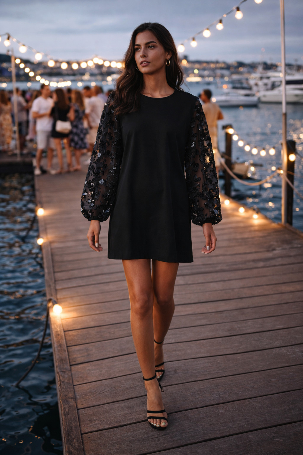 WHBM Black Eyelet Ballon Sleeve Cocktail Party Sexy‎ Goblin Resort Mini Dress 2