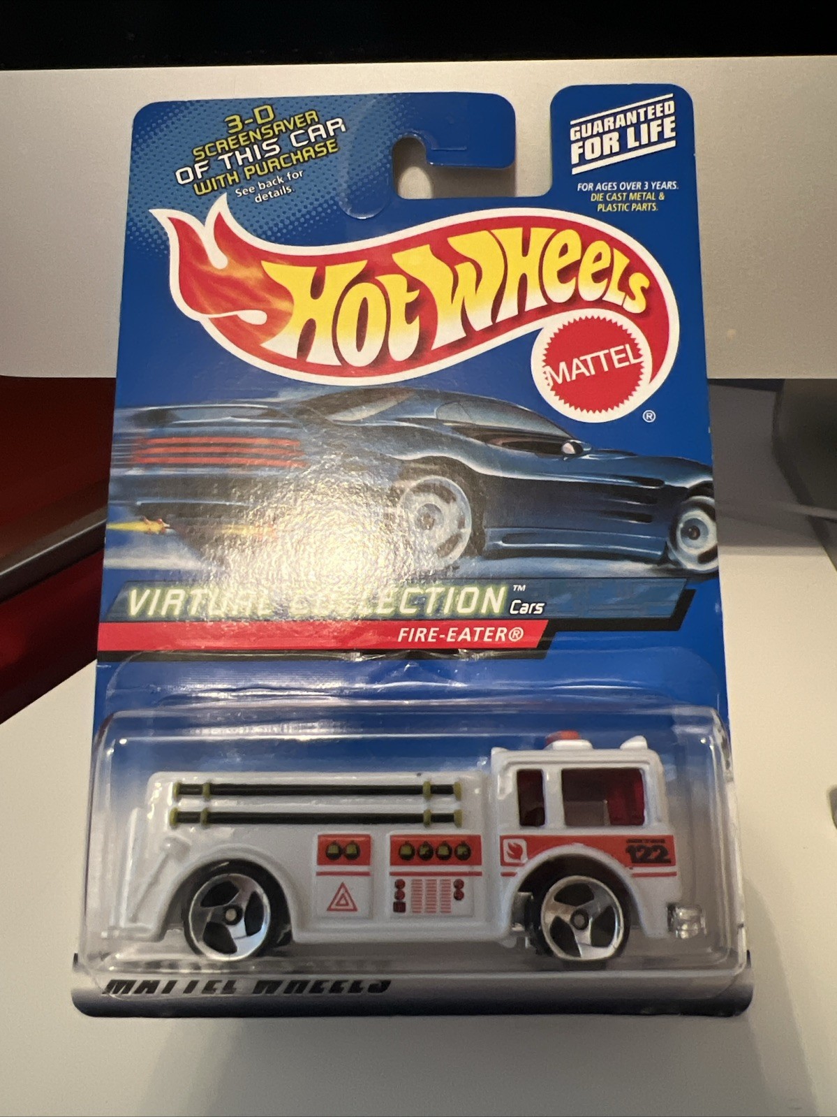 Hot Wheels Virtual Collection Fire-Eater Fire Engine 2000 Blue White Card #145