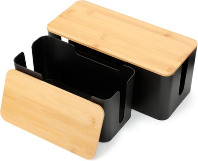 Kabelbox 2er Set schwarz groß und klein mit Holzdeckel Kabel Organizer