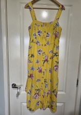 Joules Siz 12 Kimia Lemon yellow Floral Midi Dress Summer Sun Cotton Linen Blend