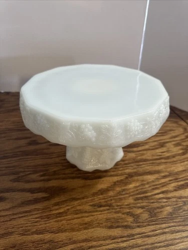 New ListingVintage Anchor Hocking Skirted Milk Glass Pedestal Cake Stand Grape Leaves