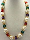 Vintage Faux Pearl Multicolor Acrylic Bead Gold Tone Toggle Necklace 19 Inch