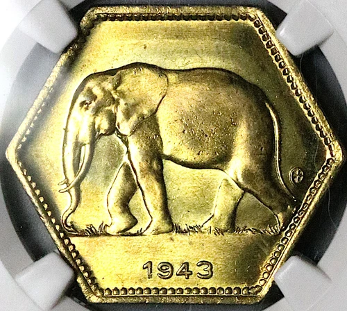 1943 NGC MS 65 Belgian Congo 1943 2 Francs Elephant GEM Coin POP 6/1 (25070102C)