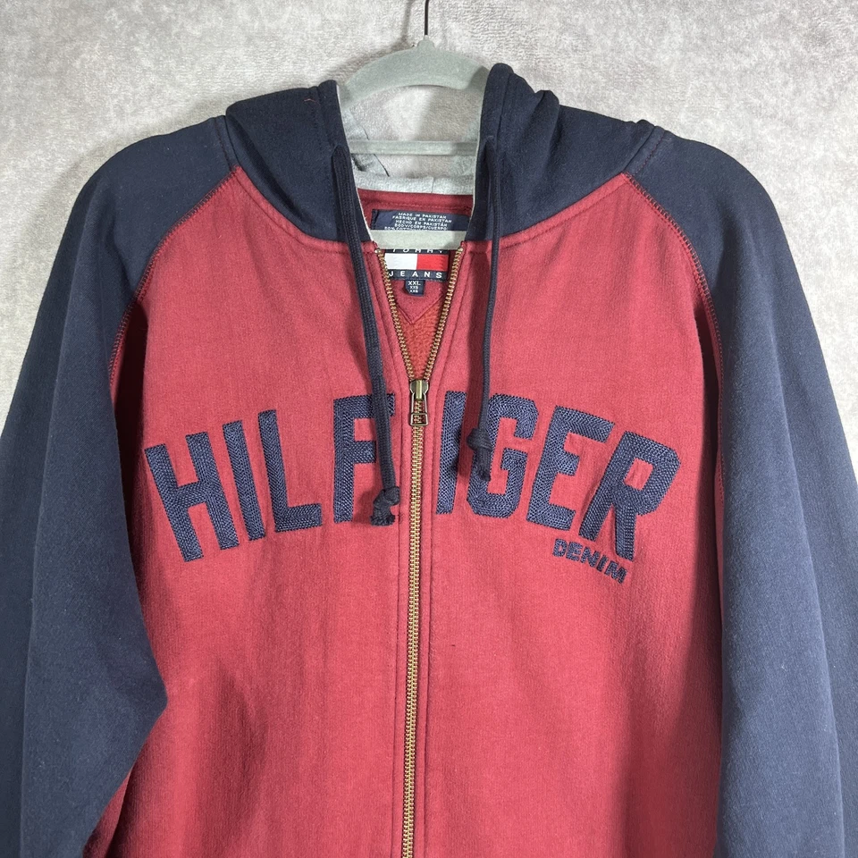 Vintage Tommy Jeans Hoodie Jacket Mens XXL Red Blue Full Zip Hilfiger Spell Out - Image 2 of 4