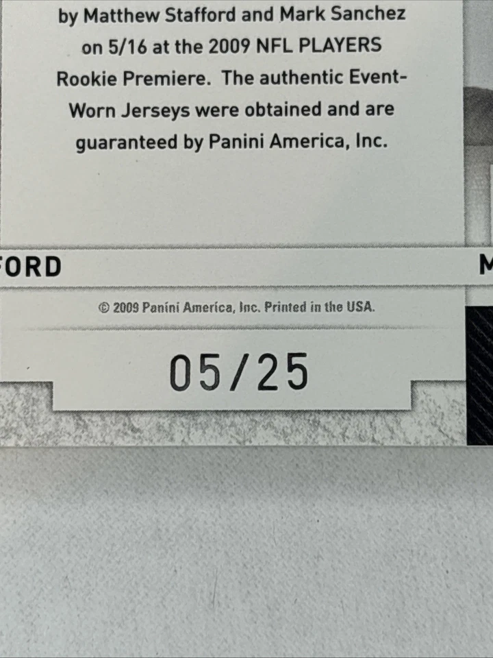 2009 Donruss Threads Dual Jersey  Matthew Stafford/Sanchez #05/25! RC Combo - Image 3 of 4