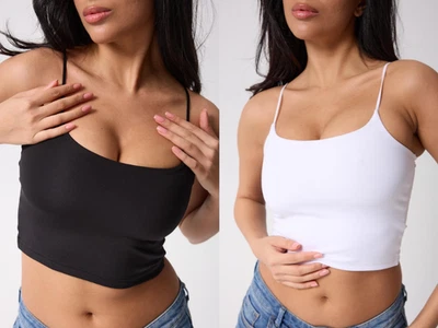 Damen Crop Top Spaghetti Träger – Schwarz &Weiß – Basic Look für Alltag-Freizeit - Bild 1 von 4