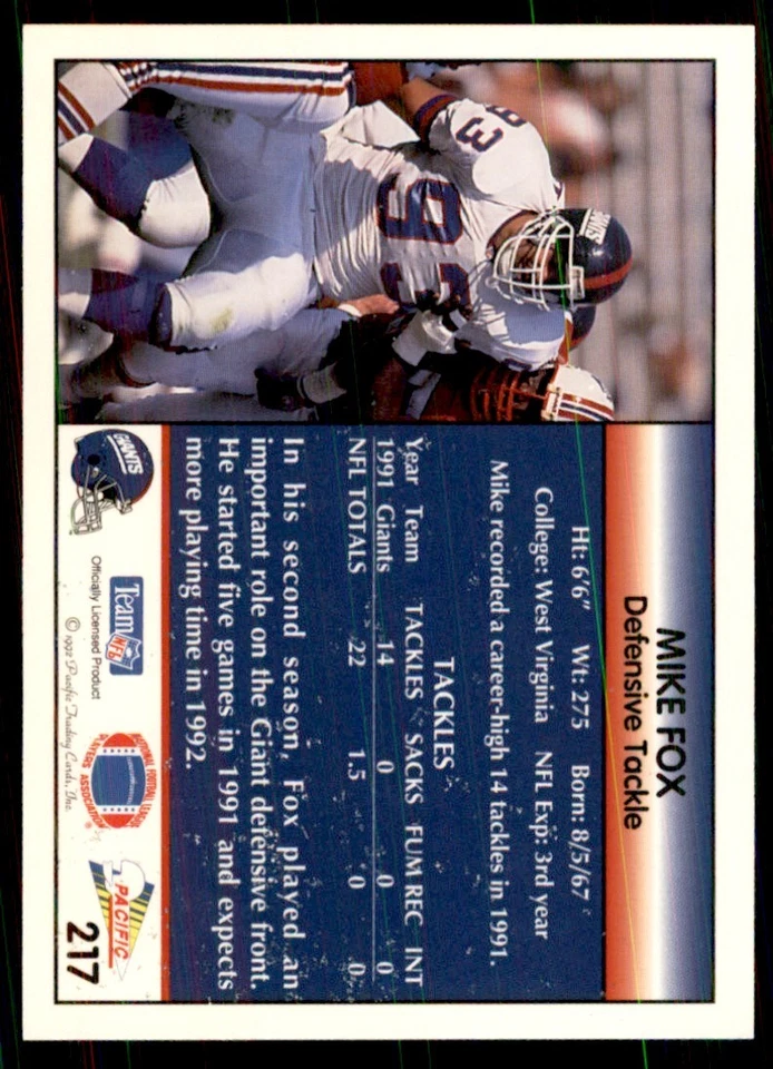 1992 Pacific Mike Fox Football Cards #217 - Image 2 of 2