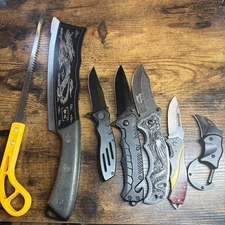 ALL NEW!! LOT OF 7 ITEMS- POCKET KNIVES - CLEAVER STYLE AND PRUNING SAW camping 