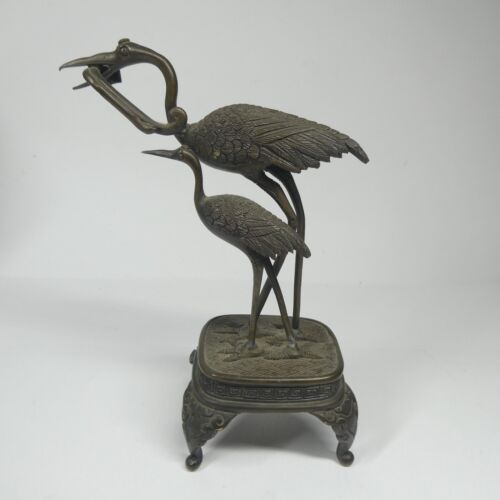Bronze Cranes Pair of Birds Sculpture Antique Japanese 7.5" Tall