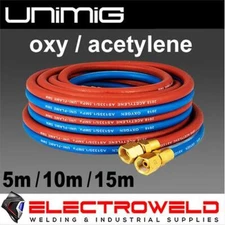 UNIMIG 5m 10m 15m Twin Gas Hose Set, Oxy Acetylene Oxygen Acet, Welding Blue Red