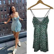 Urban Outfitters Dasha Floral Skater Dress Sz M Y2K 90's Ruched Tie Front Casual