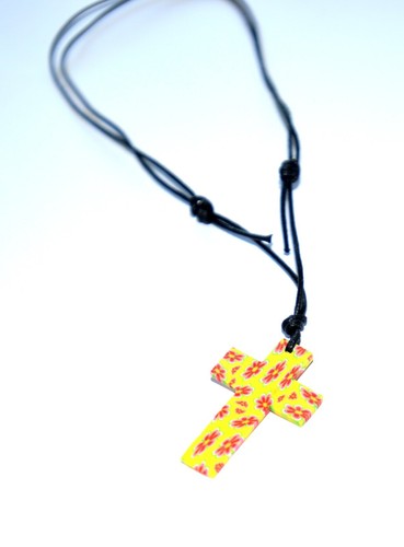 Rubber Cross Crucifix Pendant Floral Pattern Necklace On Adjustable Black Cord - Picture 7 of 7