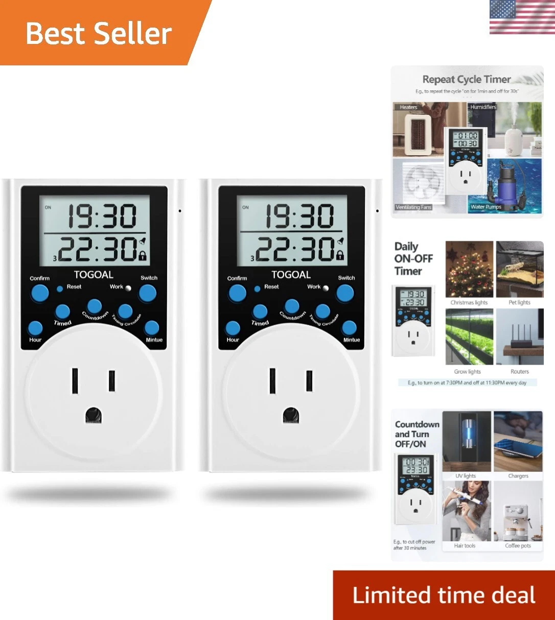 Smart Digital Timer Plug with 3 Daily Settings & LCD for Home Appliances, 2 Pack