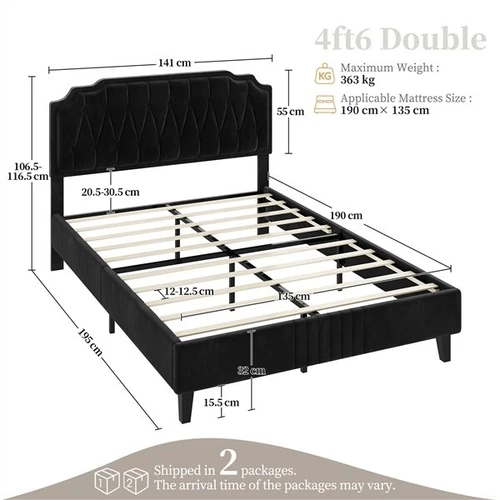 Double Upholstered Bed Frame with Adjustable Tufted Velvet Headboard, Strong Bed