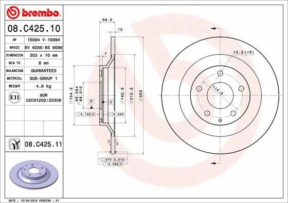 2X Brembo 08.C425.11 Bremsscheibe Hinten FüR Mazda-image