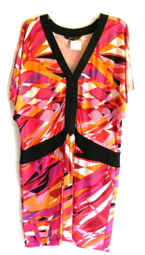 BCBGMAXAZRIA Abstract Jersey V Neck Dress Size L Slip On Black Trim