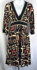 Vintage Retro Dress 10 Blk/Red Mod Geo 3/4 Puff Sleeve V-Neck Belted 60s Funky