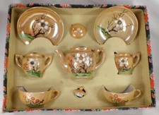 Childs Tea Set 9 Piece Cherry Blossoms Porcelain Peach Luster OB 1940s Awesome
