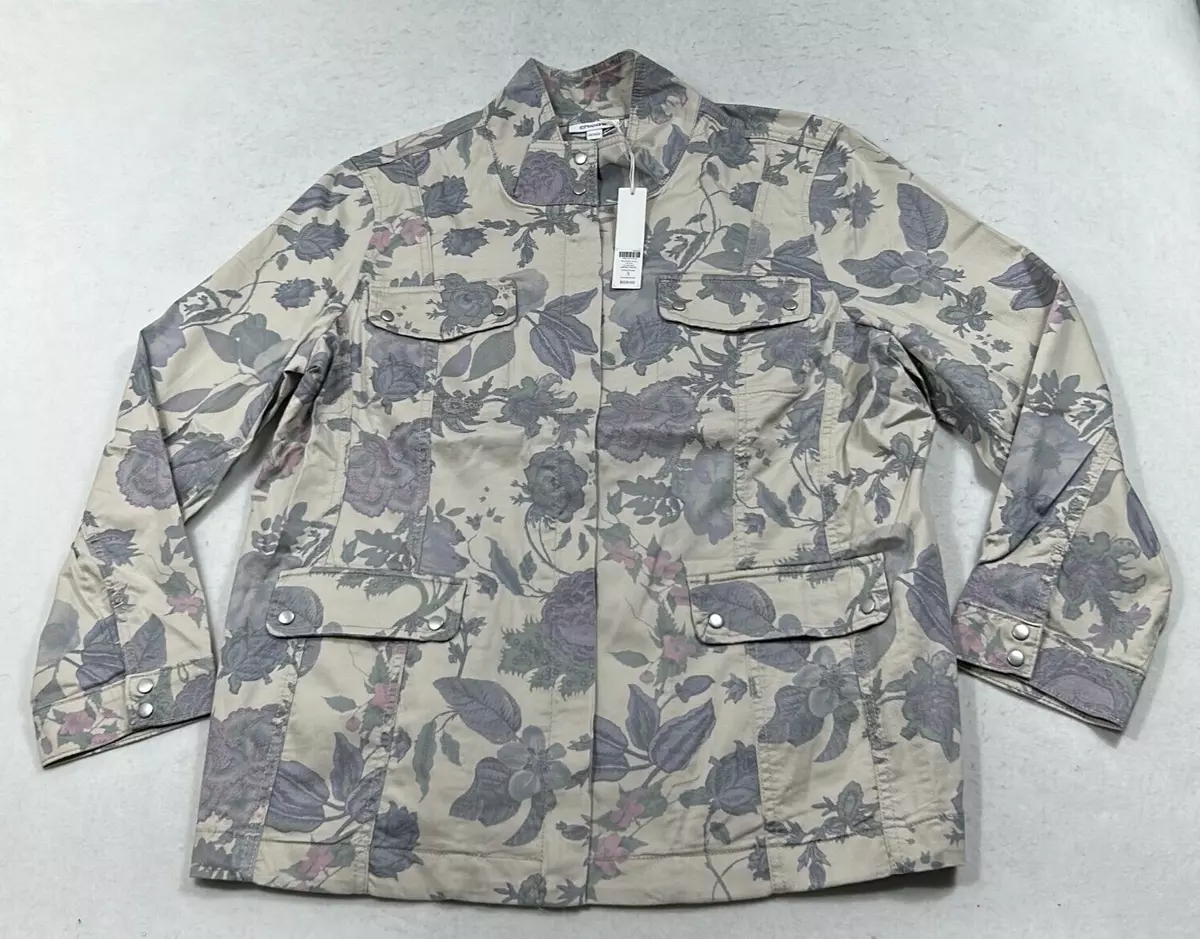 Chico s Smokey Taupe Floral Pockets Militarily Twill Utility Jacket Womens Sz 3