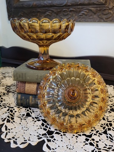 Vintage Beautiful Amber Glass Lidded Compote. Mint condition. Thumbprint style. - Picture 11 of 11