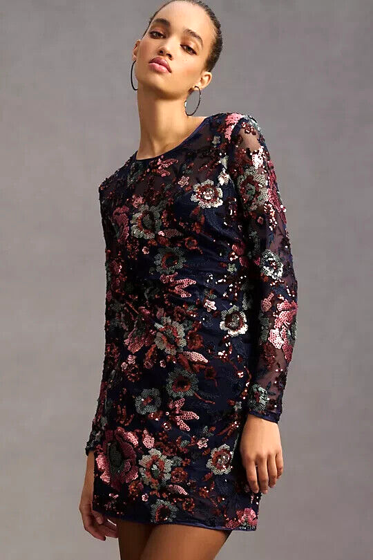 anthropologie sequin embroidered mini dress Watters Sparkler Puff-Sleeve Scoop-Neck Sequin Embroidered Mini Dress