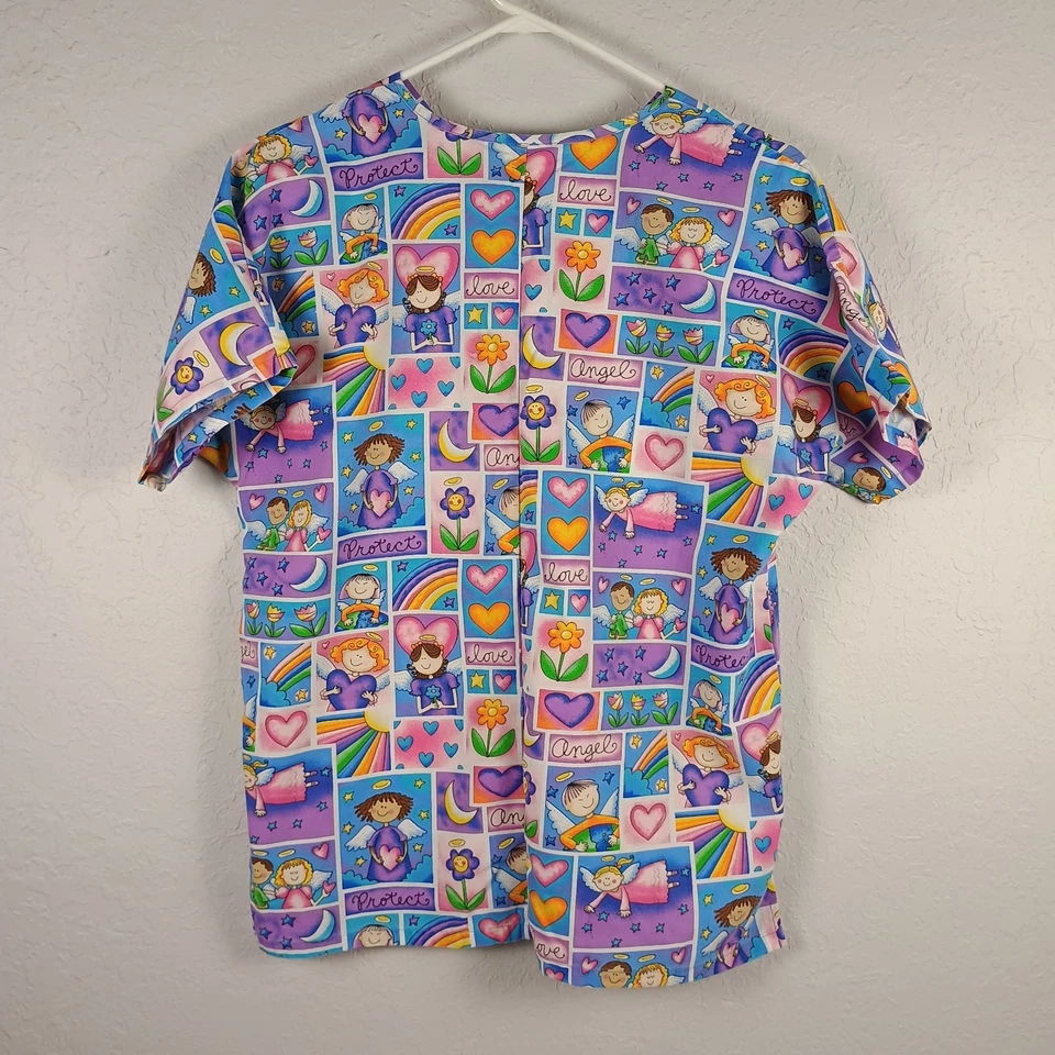 SCRUB HQ Animal Scrub Top Womens XS Angel Love Protect Heart Flower Moon - Image 2 of 4