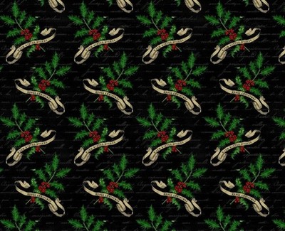 CLEARANCE - 'JOYEUX NOEL' HOLLY BRANCHES CHRISTMAS ON BLACK FABRIC - STUDIO E