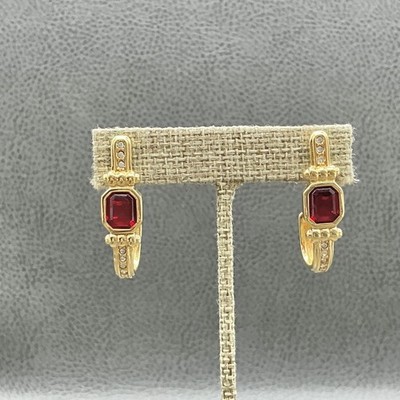 Swarovski Earrings Gold Tone Red Octagon Crystal Hoop Womens Clip On Jewelry