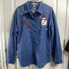 Collections ETC Denim Women’s Chambray Holiday Christmas Snowman Shirt NWOT XL