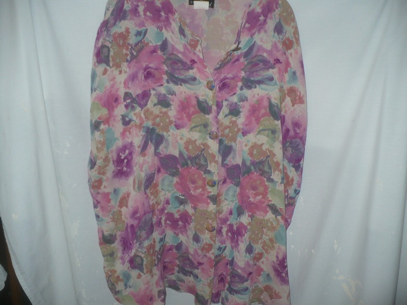 Carole Little Blouse White With Purple Pink Green Floral Pattern Fancy Buttons3X