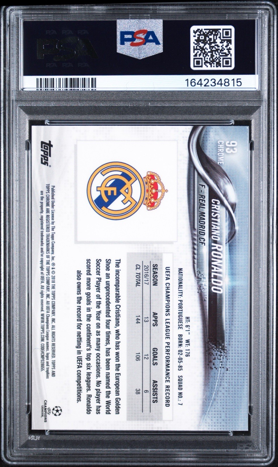 2017-18 Topps Chrome UCL Cristiano Ronaldo #93 PSA 9 view 2