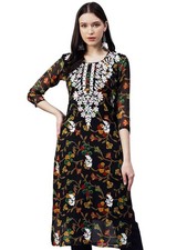 ANNI DESIGNER Women's Printed Georgette Chikankari Embroidered Kurti Gori-Bl...