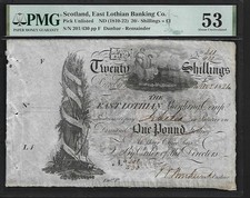 Scotland 20/- Shilling 1810-22 PMG 53 P#Unliste East Lothian Banking Co.